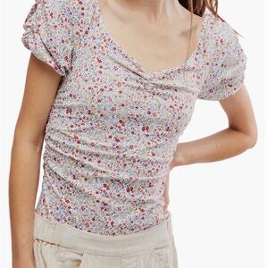 Free People Belle Floral Ruched Puff Sleeve Print Body Suit - Size Large